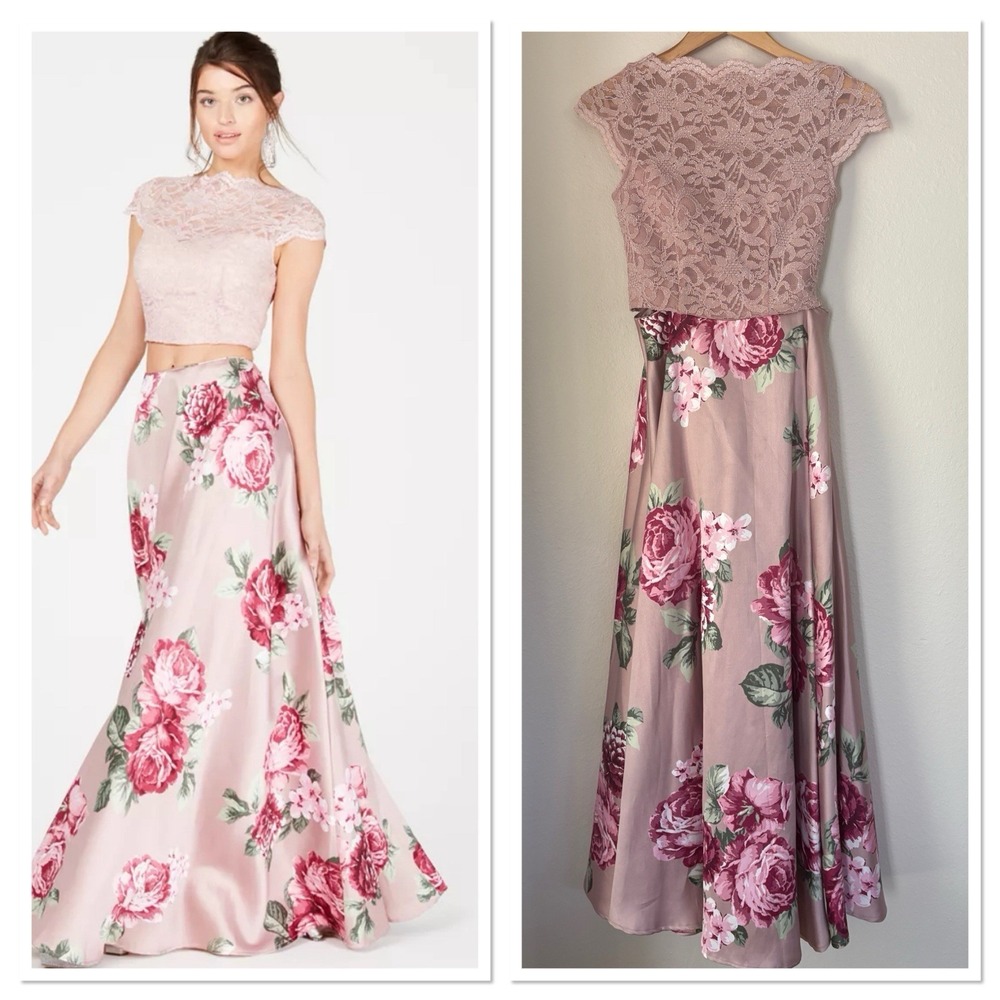 Coquette Two Piece Prom Dress Lace Crop Top Floral Maxi Skirt Fairycore Size 1